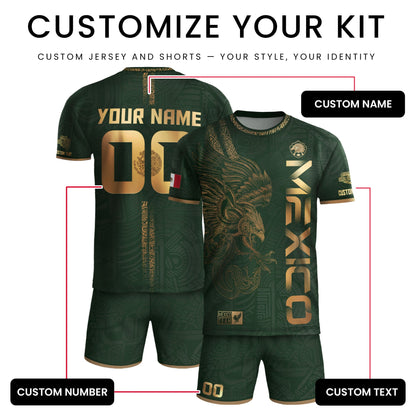 Custom Mexico Green Gold Soccer Jersey with Aztec Eagle Serpent Design
