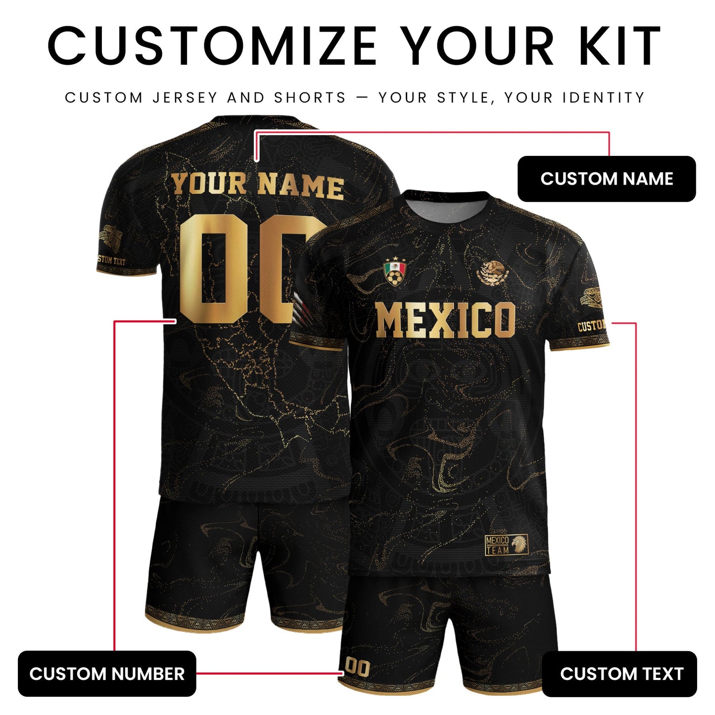 Custom Mexico Black Gold Soccer Jersey with Heritage Map and Aztec Pattern