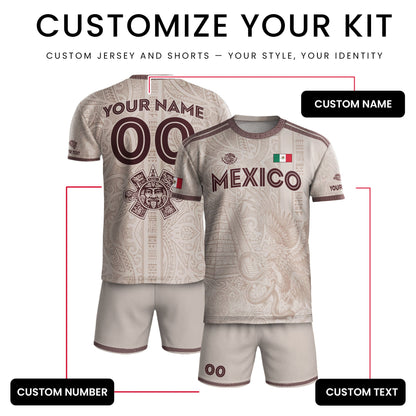 Custom Mexico Beige Aztec Eagle Pyramid Heritage Soccer Jersey
