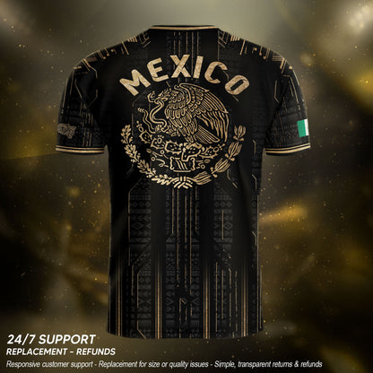 Mexico Soccer Jersey Black Aztec Warrior Gold Feather Design