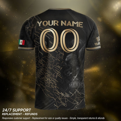 Custom Mexico Black Gold Map Aztec Eagle Heritage Soccer Jersey