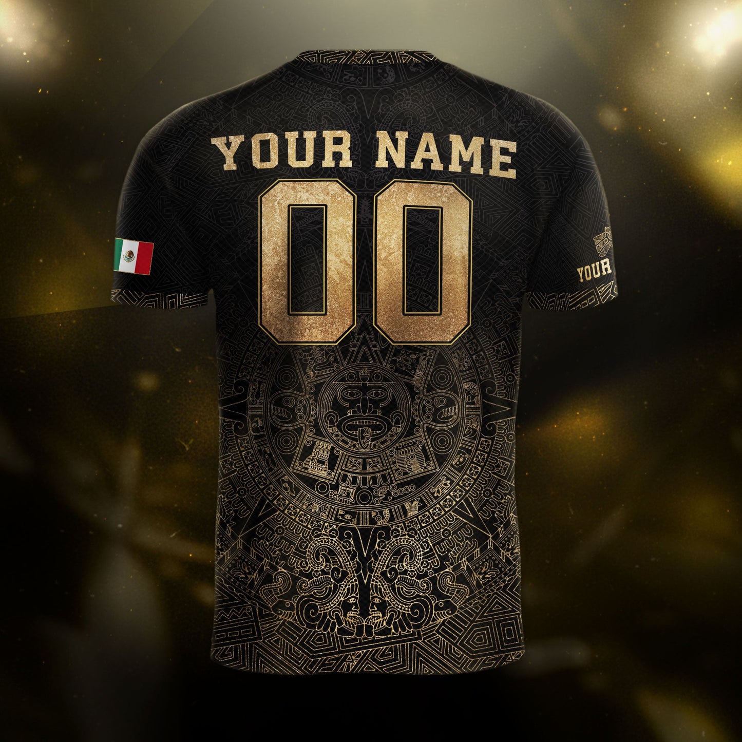 Custom Mexico Soccer Jersey Black Gold Aztec Calendar Heritage Design