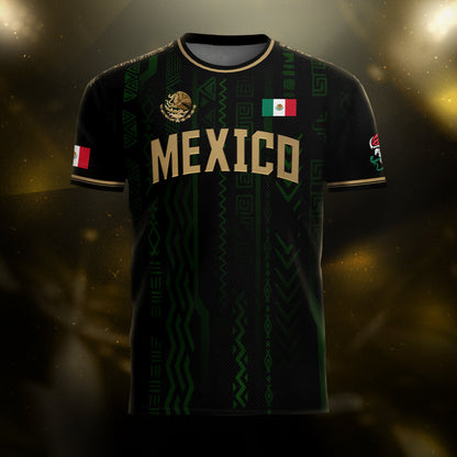 Mexico Soccer Jersey Black & Gold Aztec Design