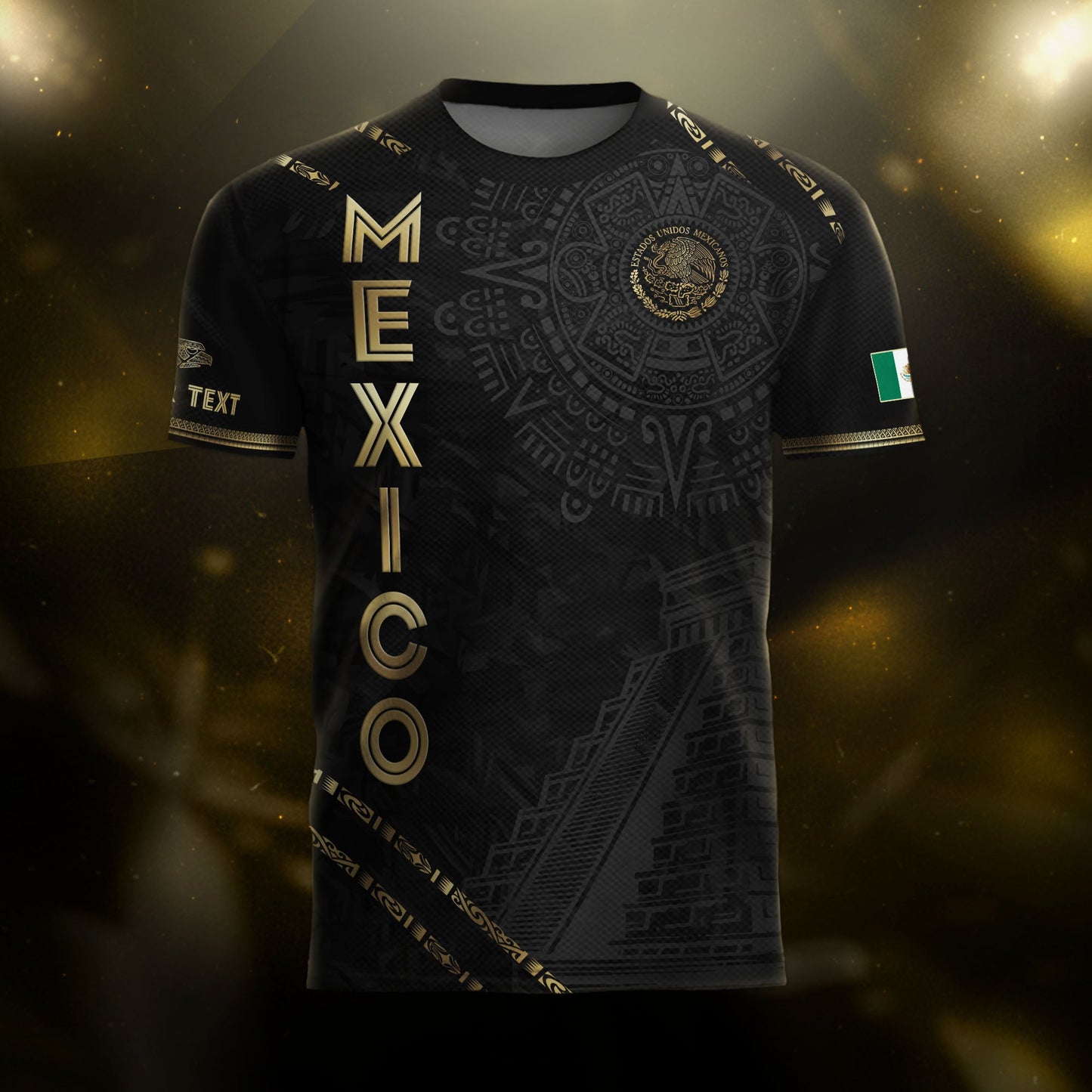Custom Mexico Black Gold Aztec Calendar Pyramid Design Soccer Jersey