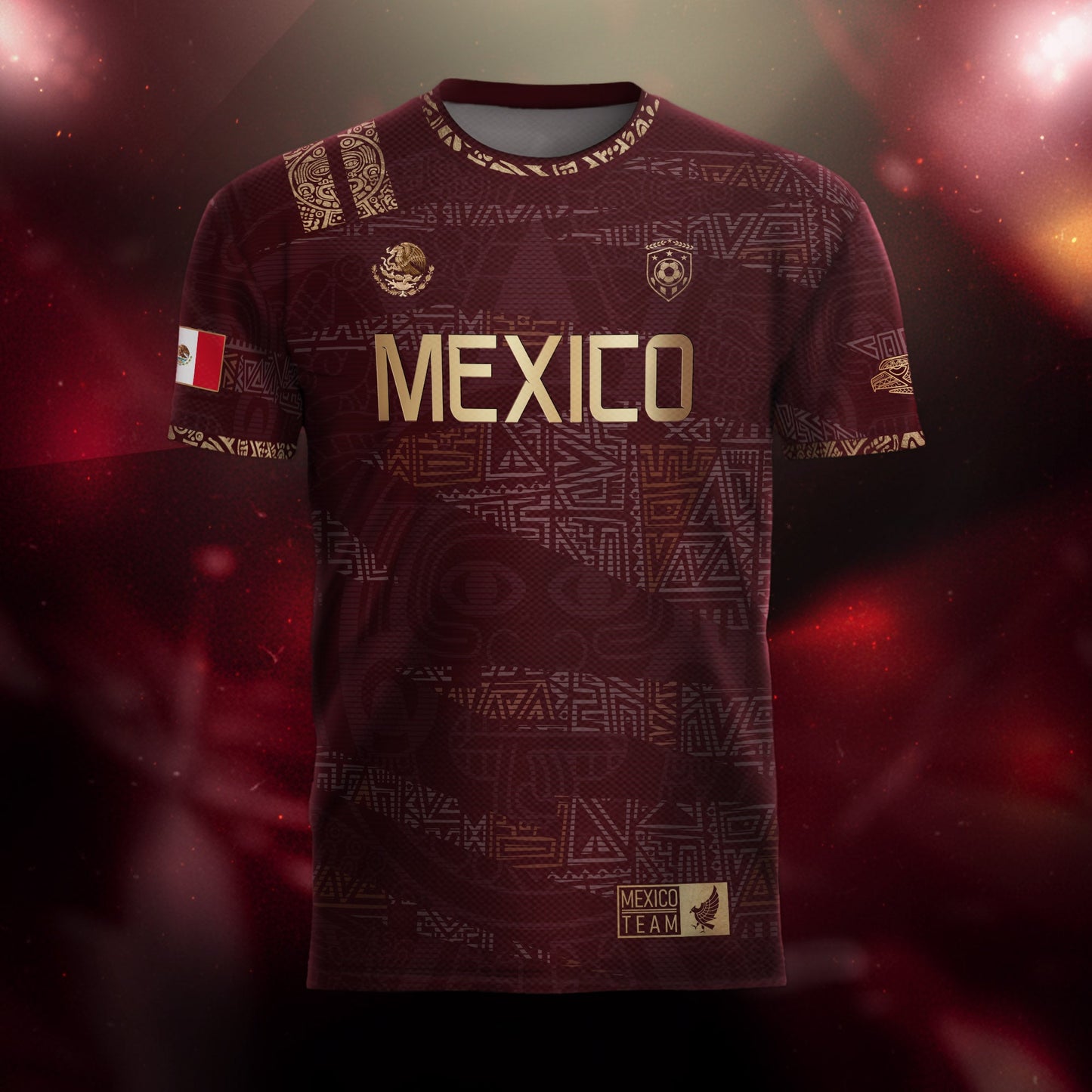 Mexico Soccer Jersey Burgundy Gold Aztec Heritage Eagle Crest (Bundle)