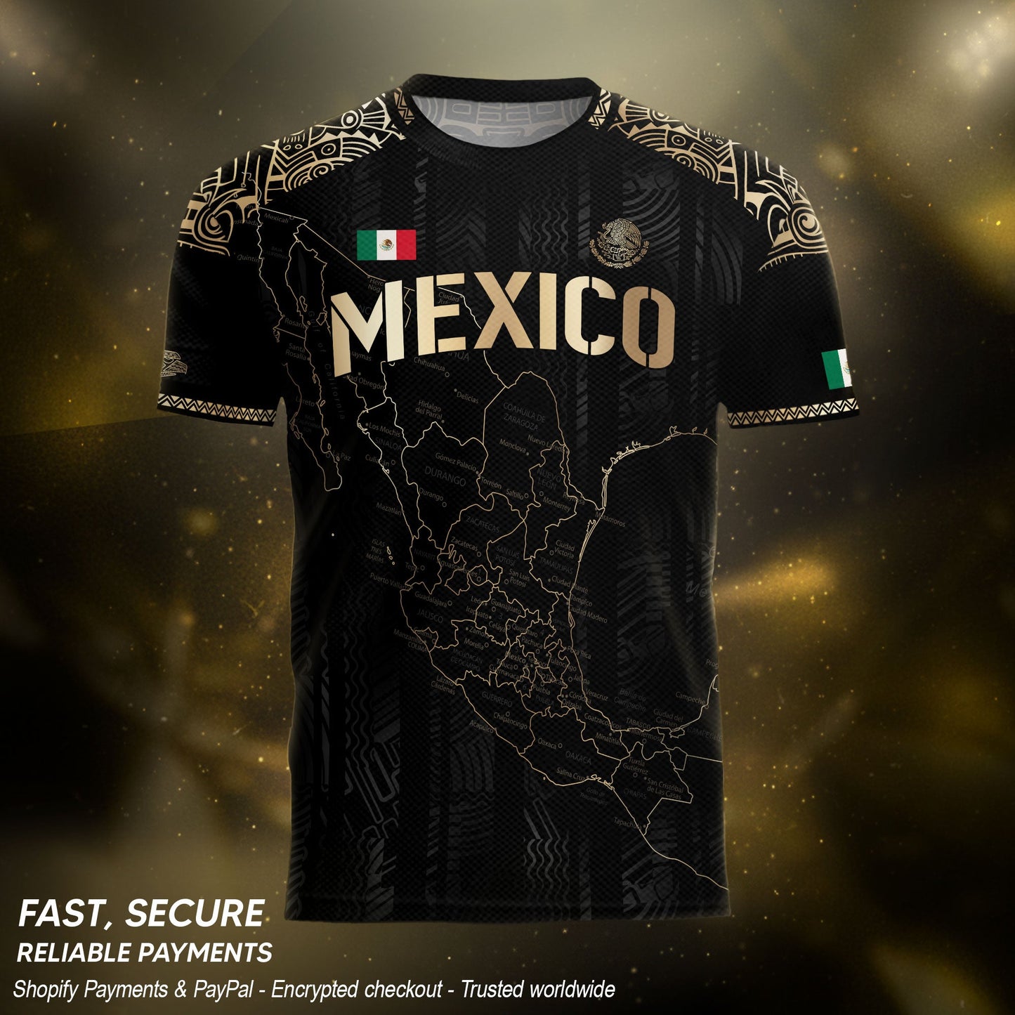 Mexico Black Heritage Map Soccer Jersey with Golden Aztec Details