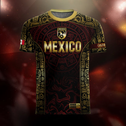Custom Mexico Jersey Black Red Gold Aztec Calendar Design