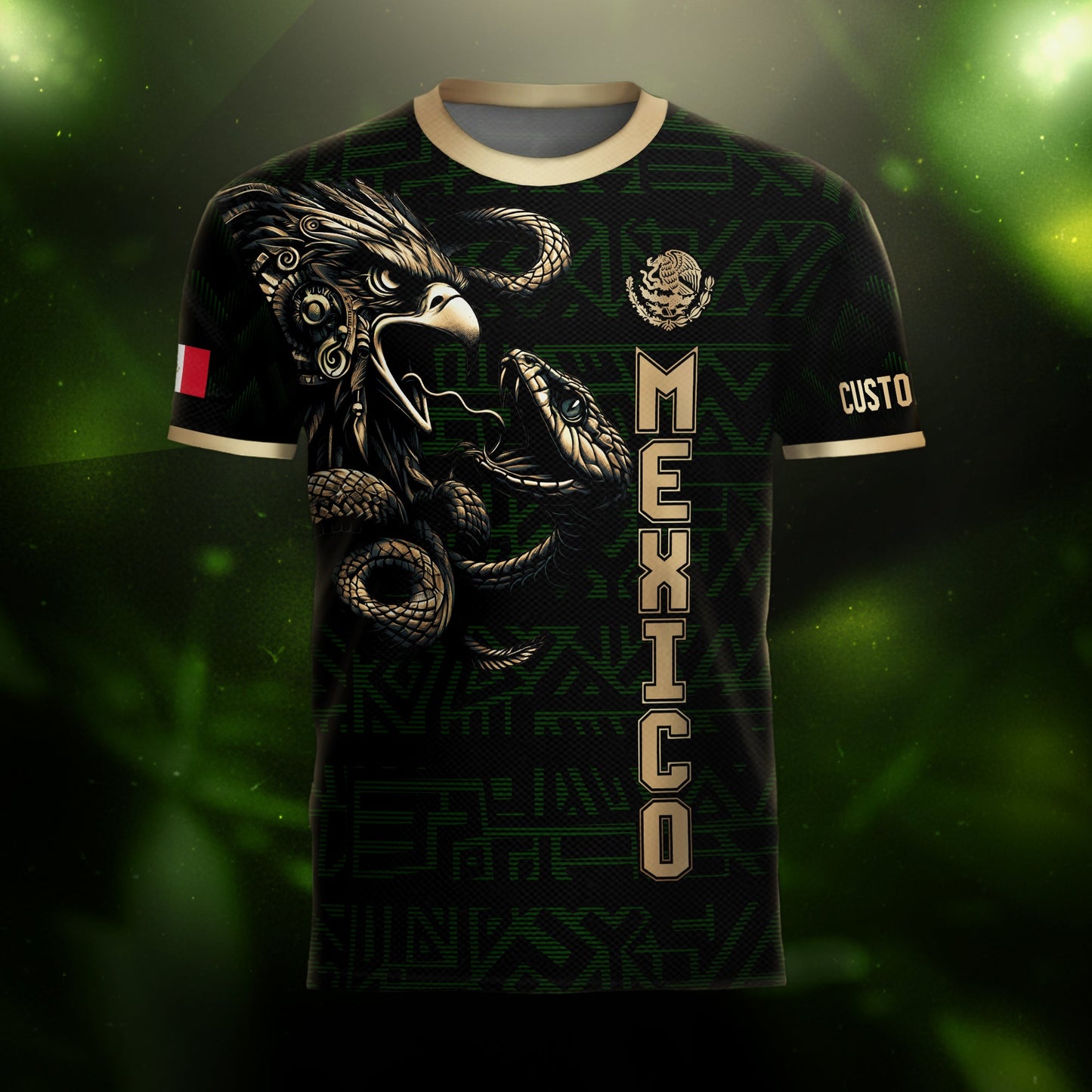 Custom Mexico Soccer Jersey Black Gold Aztec Eagle Design