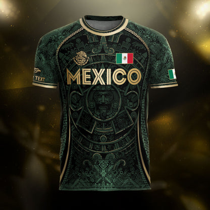 Custom Mexico Soccer Jersey Green Gold Aztec Calendar Heritage Design