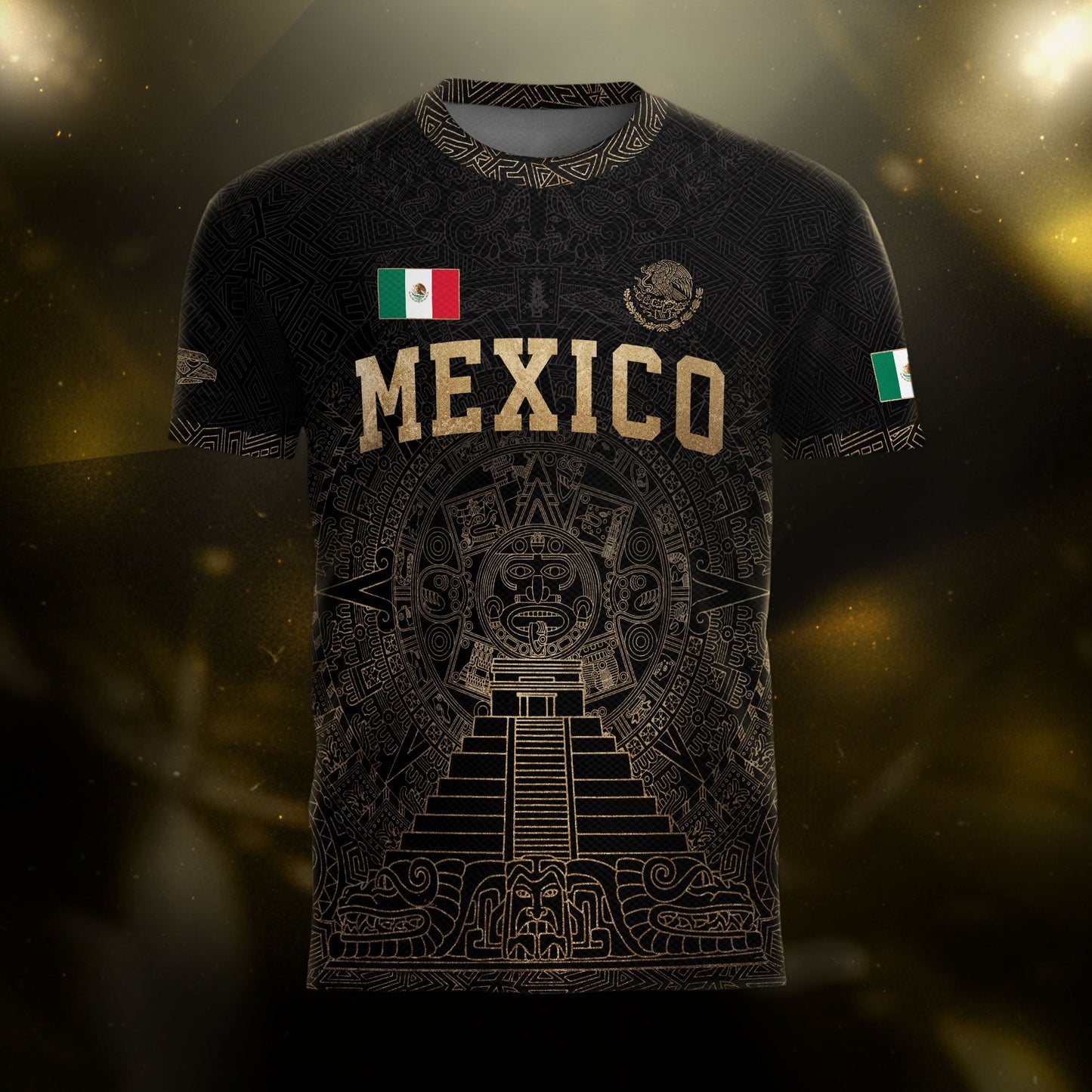 Mexico Soccer Jersey Black Gold Aztec Calendar Eagle Emblem Design