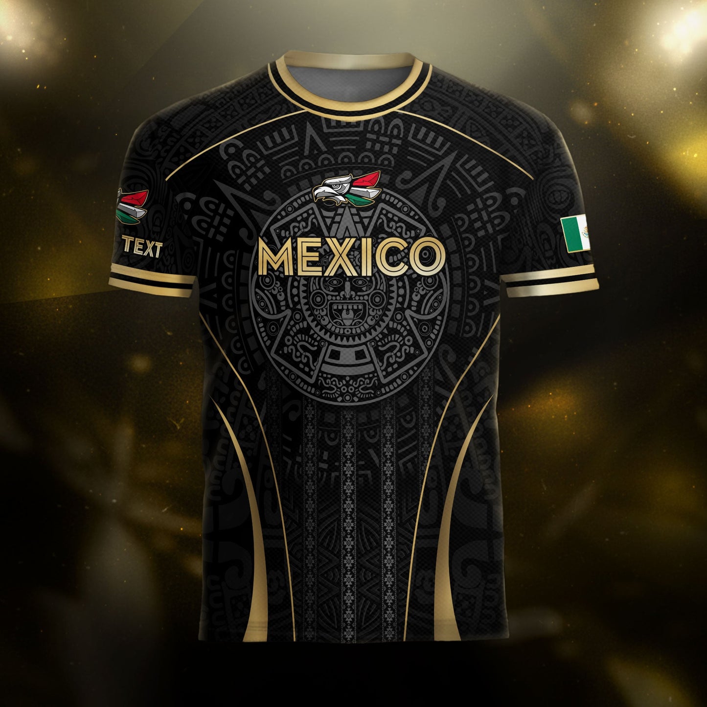 Custom Mexico Soccer Jersey Black Gold Aztec Calendar Design