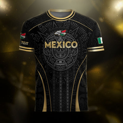 Custom Mexico Soccer Jersey Black Gold Aztec Calendar Design