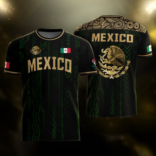 Mexico Soccer Jersey Black & Gold Aztec Design