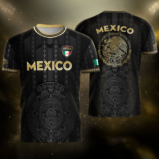 Mexico Soccer Jersey Black Gold Aztec Calendar Design