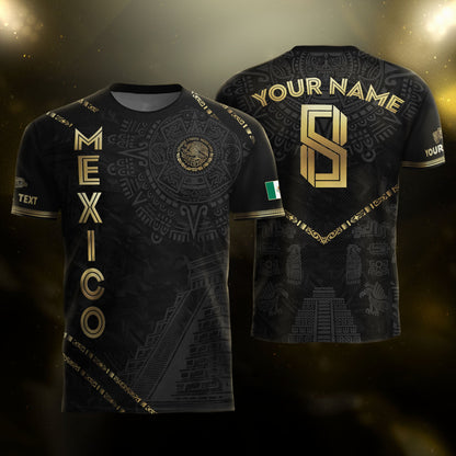 Custom Mexico Black Gold Aztec Calendar Pyramid Design Soccer Jersey