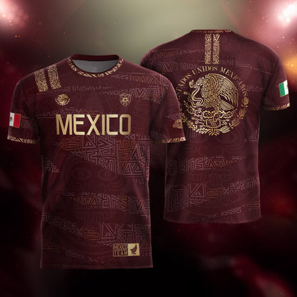Mexico Soccer Jersey Burgundy Gold Aztec Heritage Eagle Crest (Bundle)