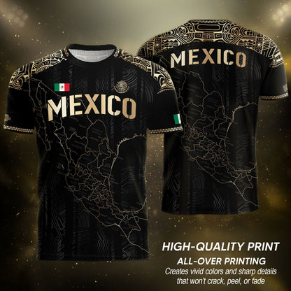 Mexico Black Heritage Map Soccer Jersey with Golden Aztec Details