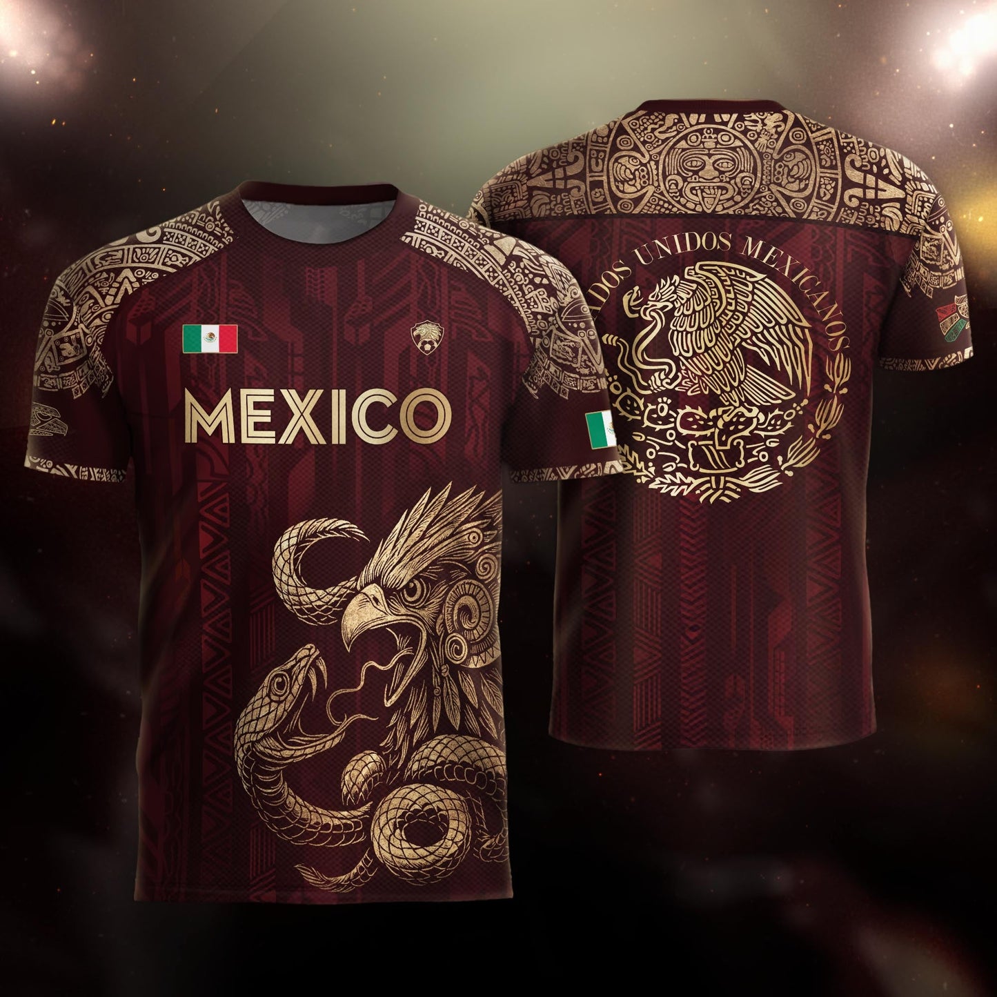 Mexico Aztec Heritage Soccer Jersey 3-Pack Bundle – Black Gold Eagle Warrior + Green Gold Heritage + Red Gold Eagle & Serpent