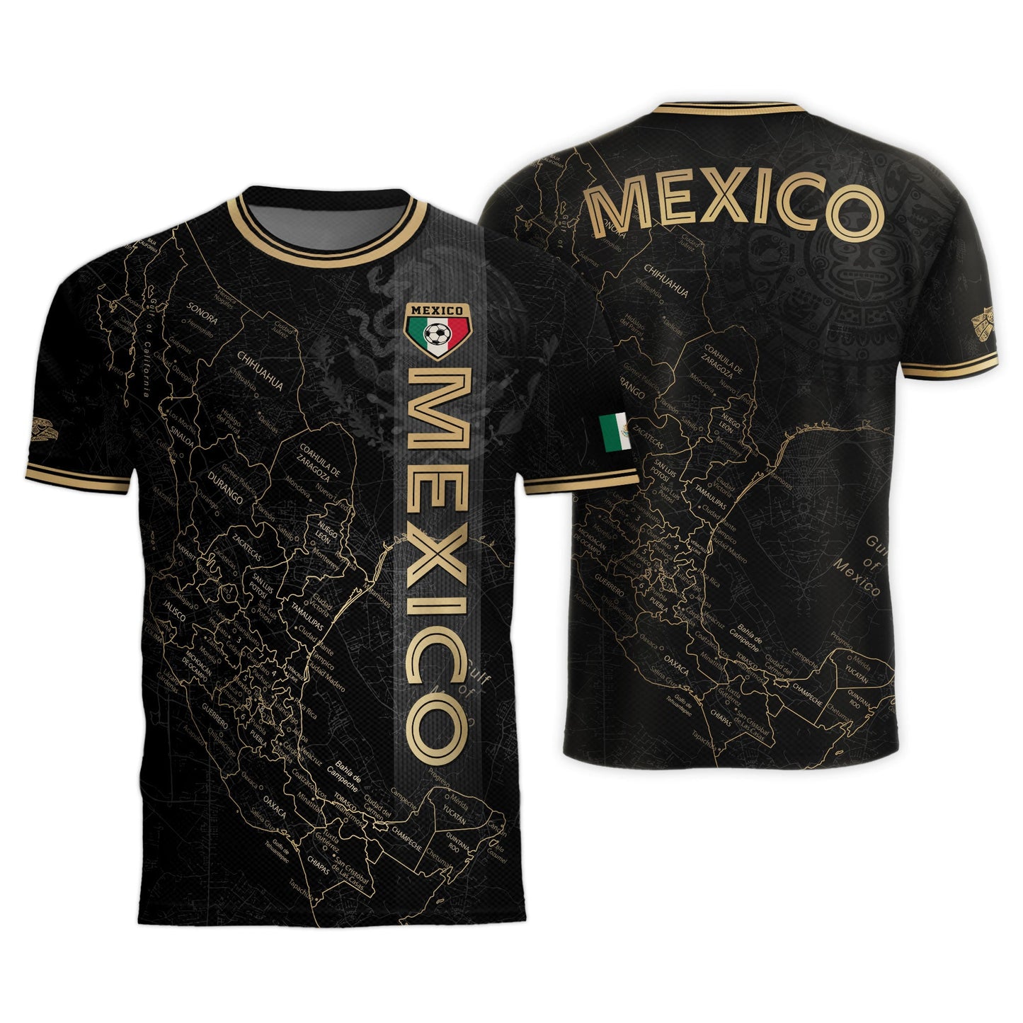 Mexico Black Heritage Map Soccer Jersey with Golden Aztec Accents