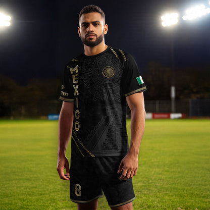 Custom Mexico Black Gold Aztec Calendar Pyramid Design Soccer Jersey