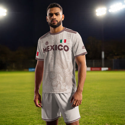 Mexico White Soccer Jersey Aztec Sun Stone Eagle Design