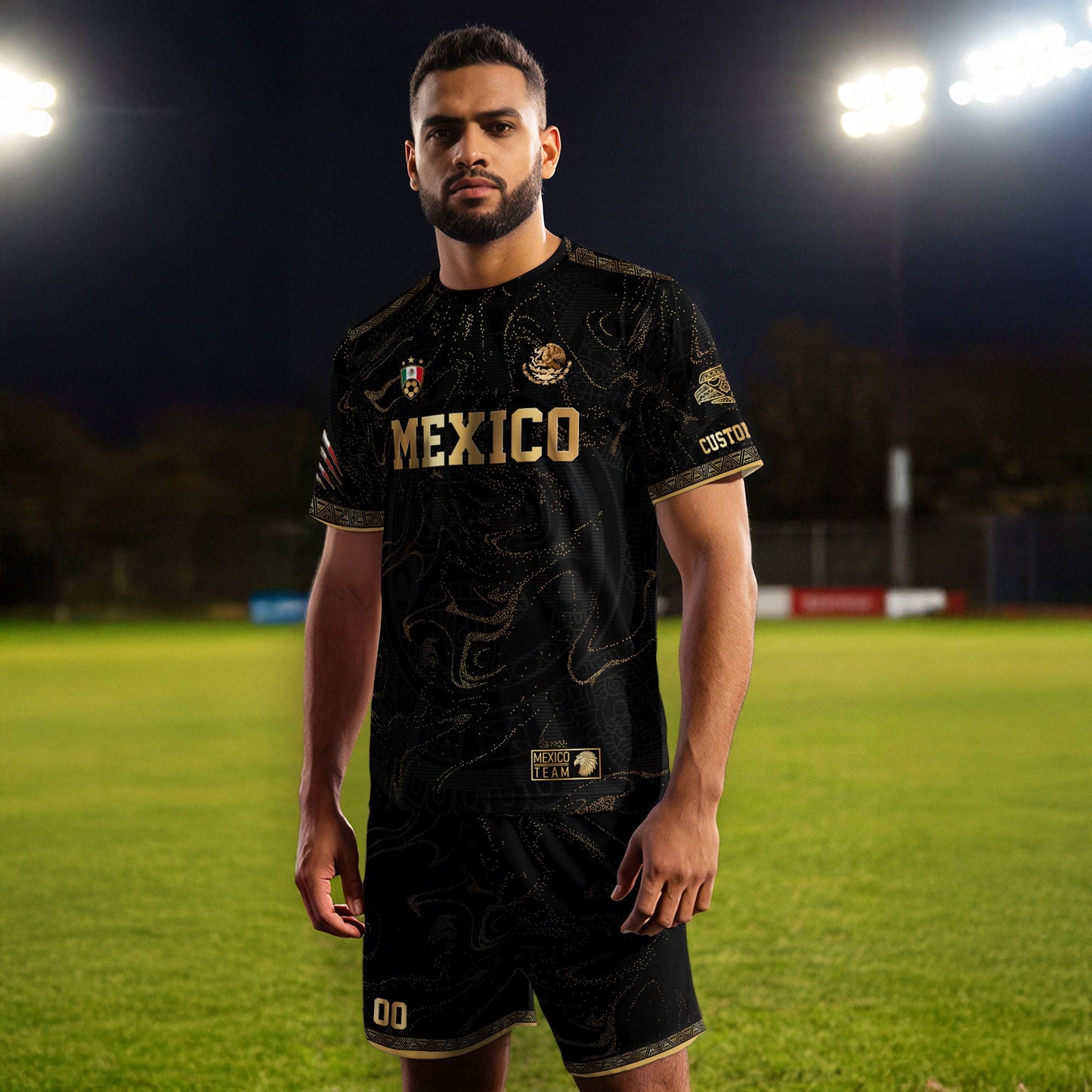 Custom Mexico Black Gold Soccer Jersey with Heritage Map and Aztec Pattern