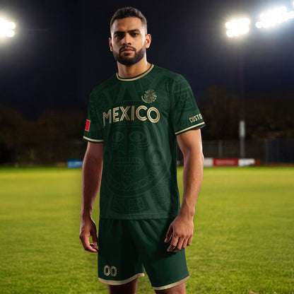 Custom Mexico Soccer Jersey Green Gold Aztec Calendar Design