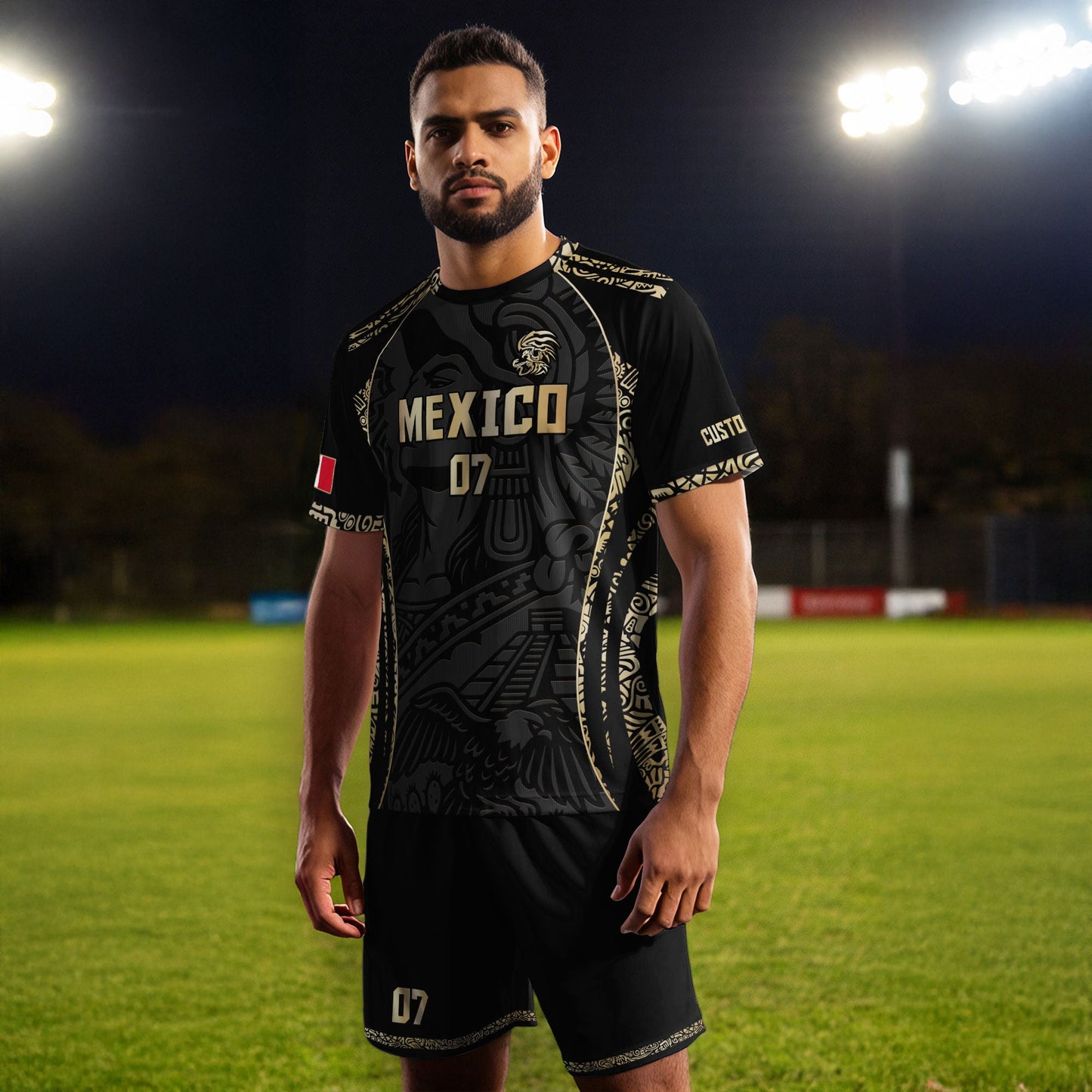 Custom Mexico Soccer Jersey Black Gold Aztec Eagle Pyramid Design