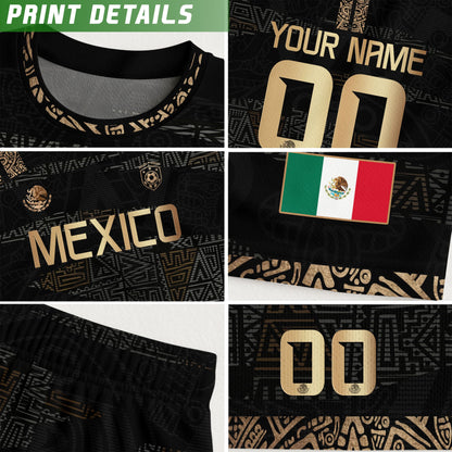 Custom Mexico Soccer Jersey Black Gold Aztec Design