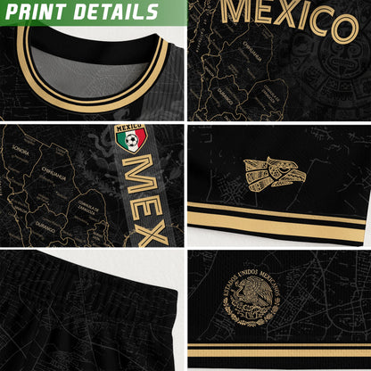 Mexico Black Heritage Map Soccer Jersey with Golden Aztec Accents