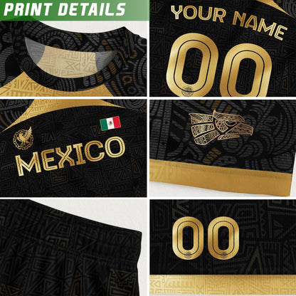 Custom Mexico Black Gold Soccer Jersey with Aztec Warrior Pattern