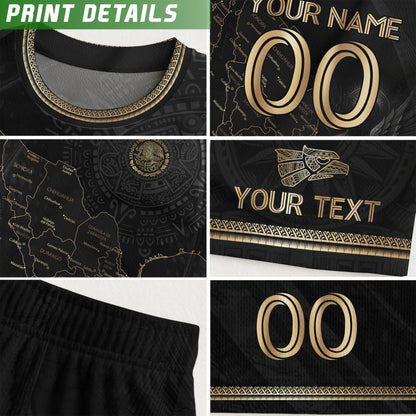 Custom Mexico Black Gold Map Aztec Eagle Heritage Soccer Jersey