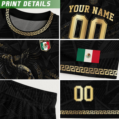 Custom Mexico Black Gold Eagle and Serpent Aztec Heritage Soccer Jersey