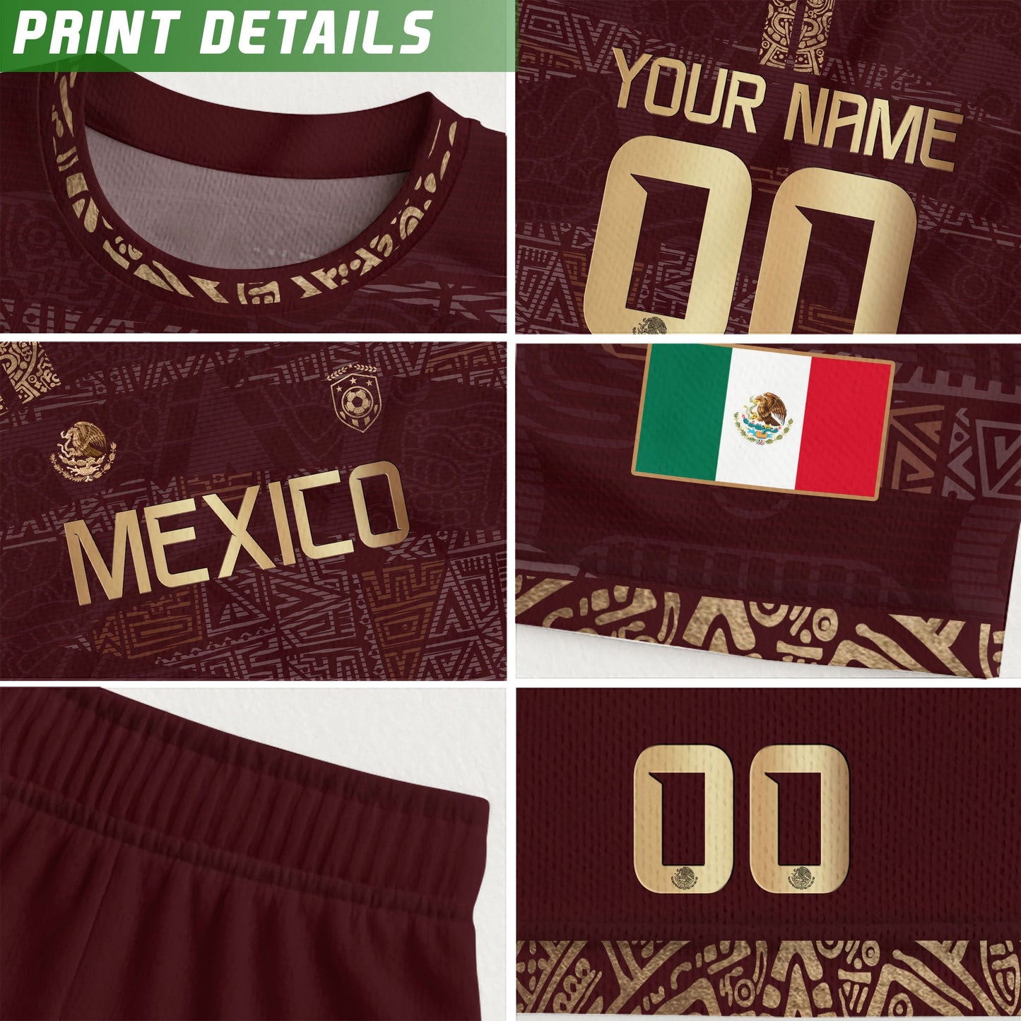 Custom Mexico Maroon Gold Aztec Heritage Soccer Jersey