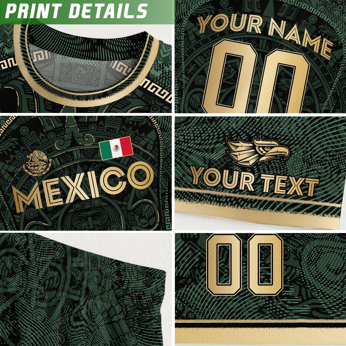 Custom Mexico Soccer Jersey Green Gold Aztec Calendar Heritage Design