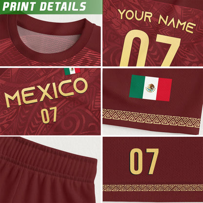 Custom Mexico Soccer Jersey Burgundy Gold Eagle Pattern Design