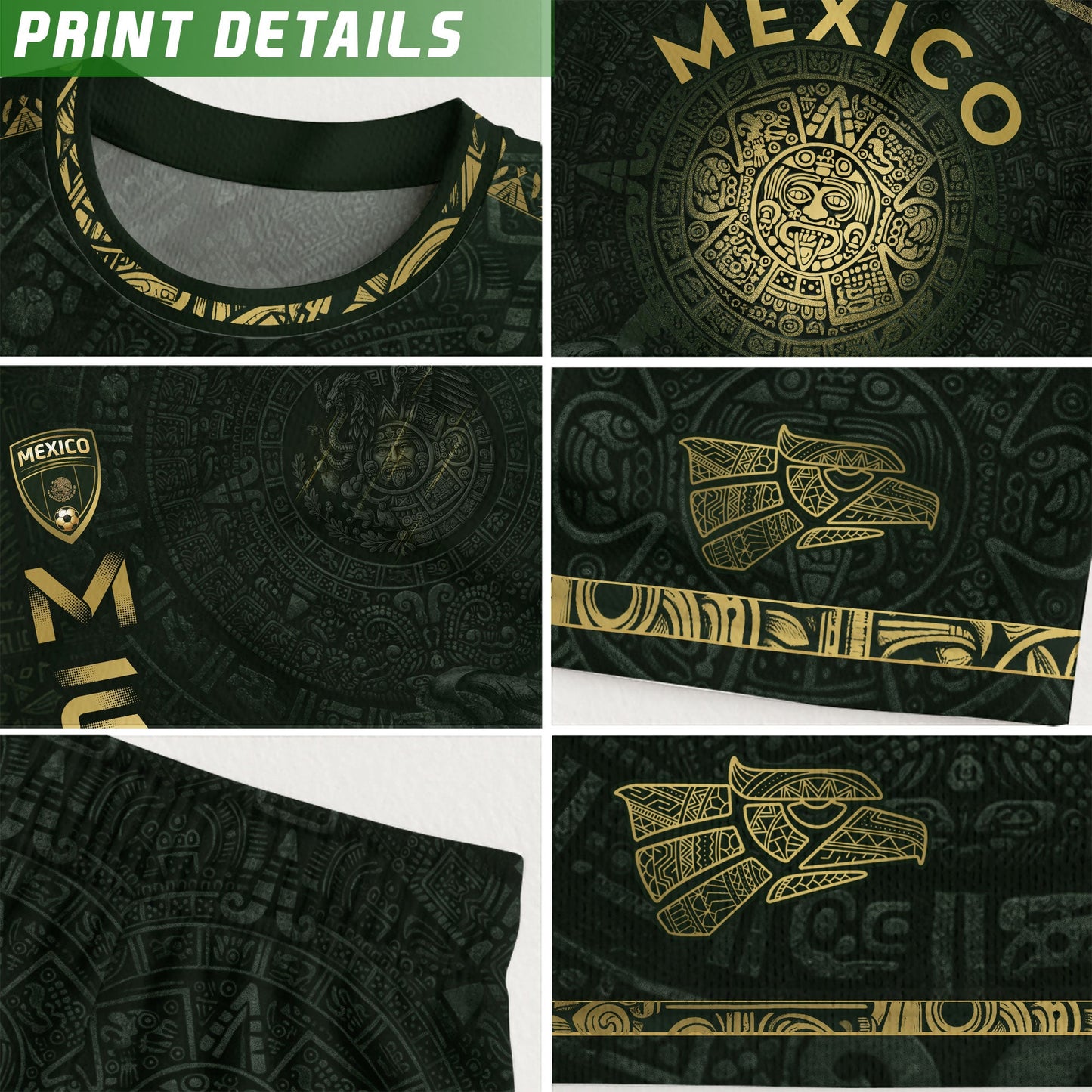 Mexico Dark Green Gold Aztec Calendar Sun God Heritage National Soccer Jersey