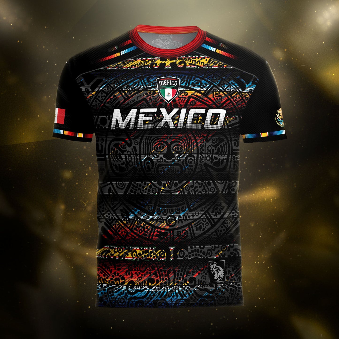 Mexico Soccer Jersey Black Aztec Calendar with Color Accents