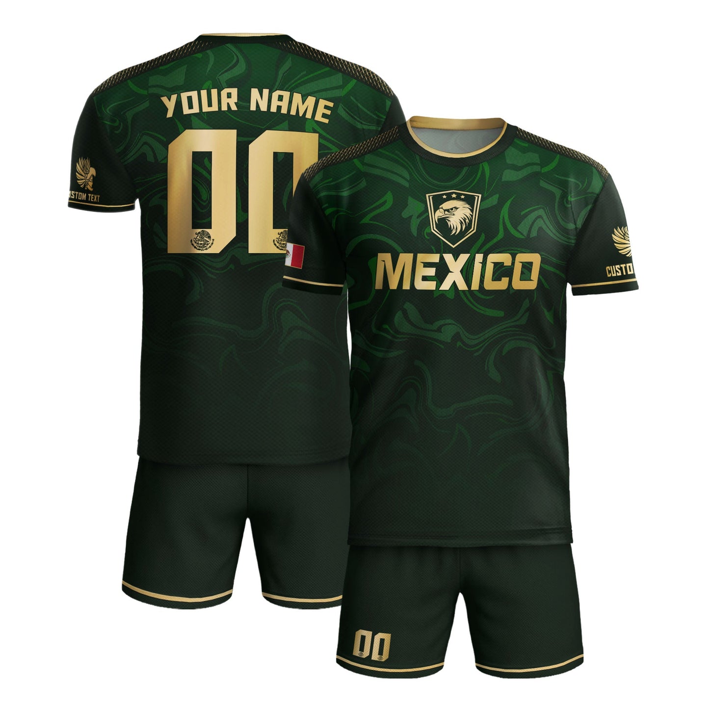 Custom Mexico Green Eagle Soccer Jersey Gold Crest Heritage Edition
