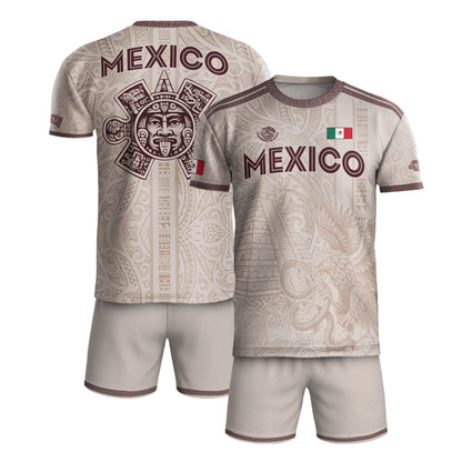 Mexico White Soccer Jersey Aztec Sun Stone Eagle Design