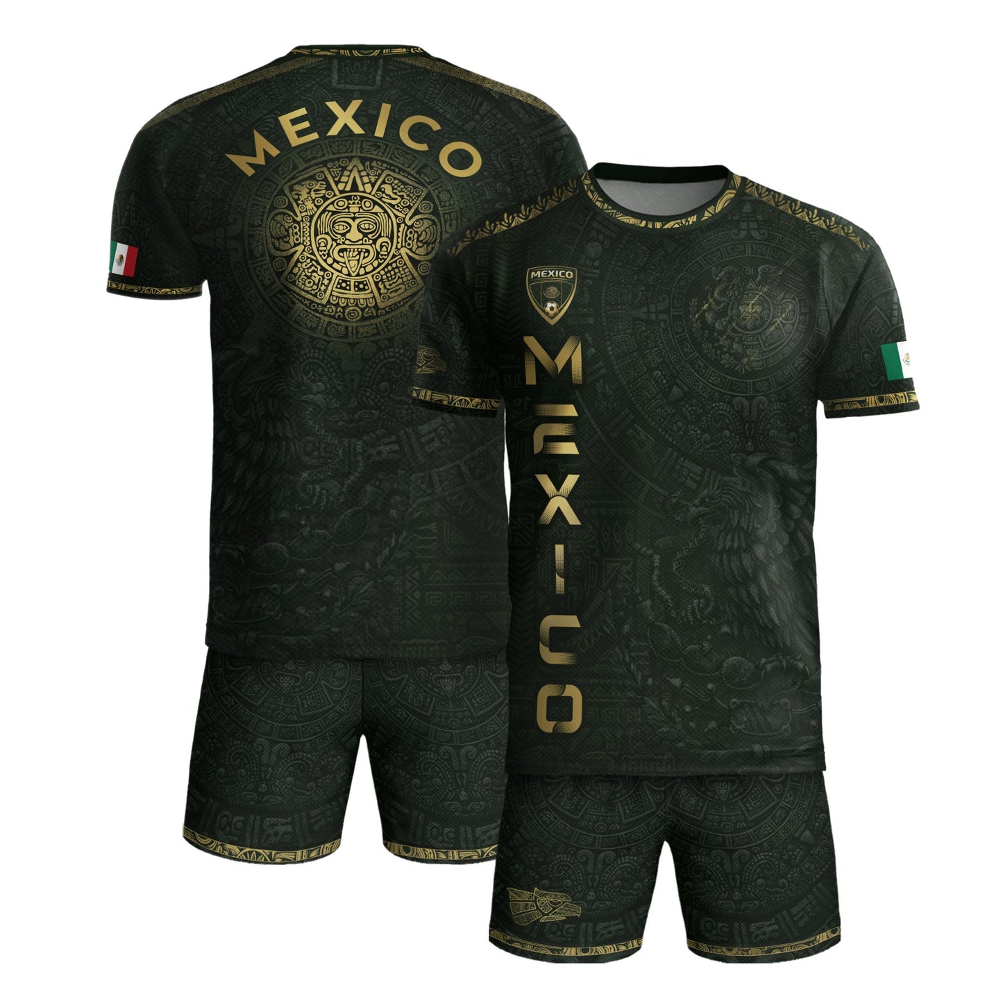 Mexico Dark Green Gold Aztec Calendar Sun God Heritage National Soccer Jersey