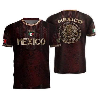Mexico Burgundy Soccer Jersey with Golden Aztec Calendar and Eagle Crest