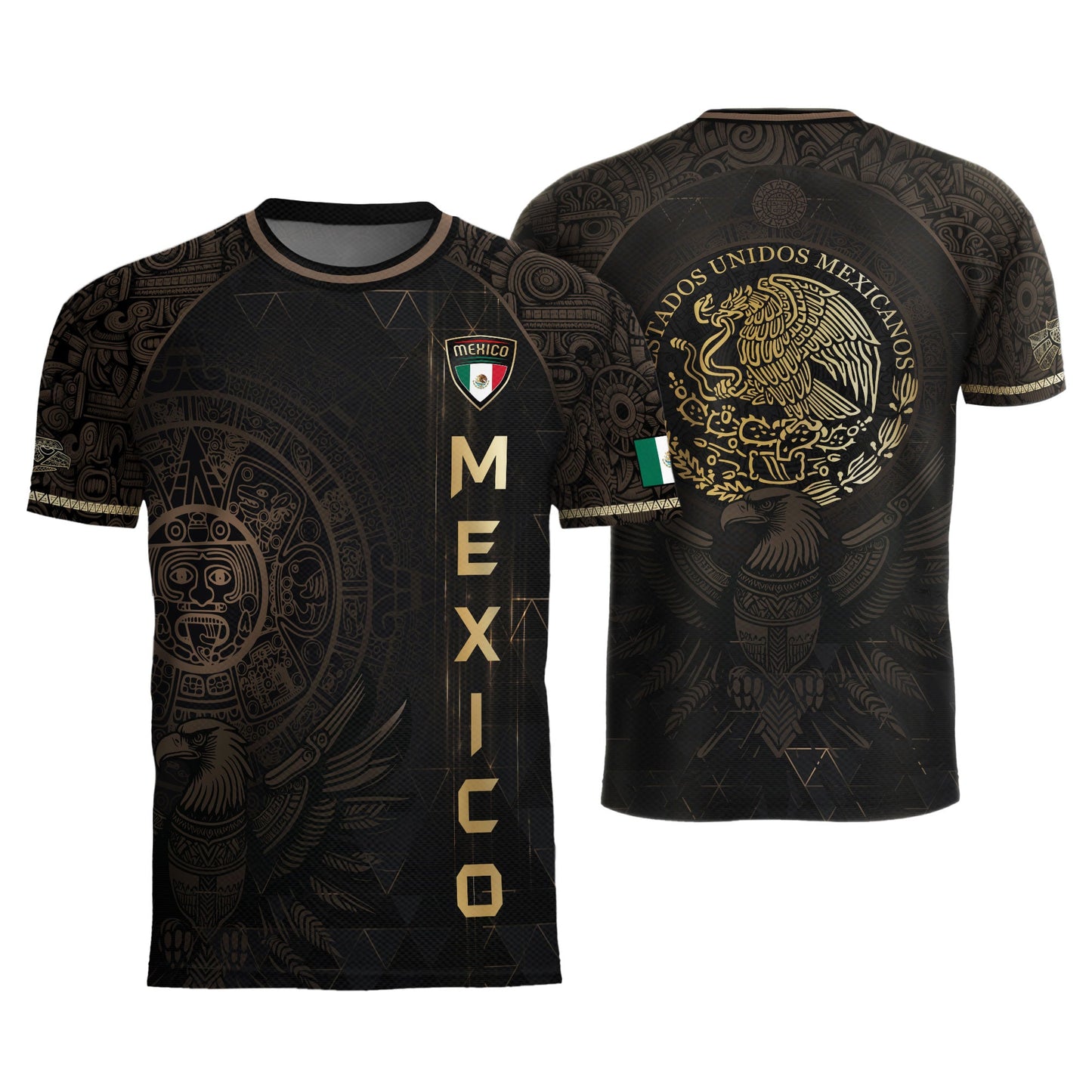 Mexico Soccer Jersey Black Gold Aztec Calendar & Eagle Emblem