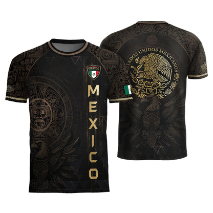 Mexico Soccer Jersey Black Gold Aztec Calendar & Eagle Emblem