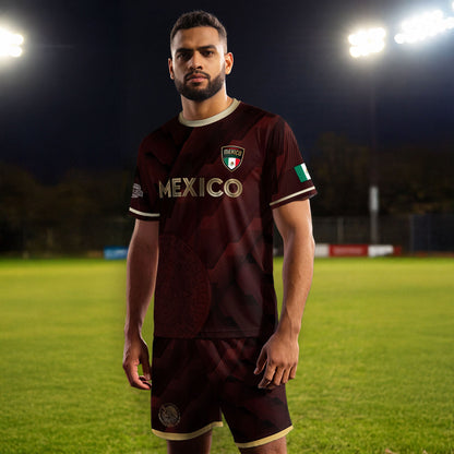 Mexico Burgundy Soccer Jersey with Golden Aztec Sunstone and Eagle Crest