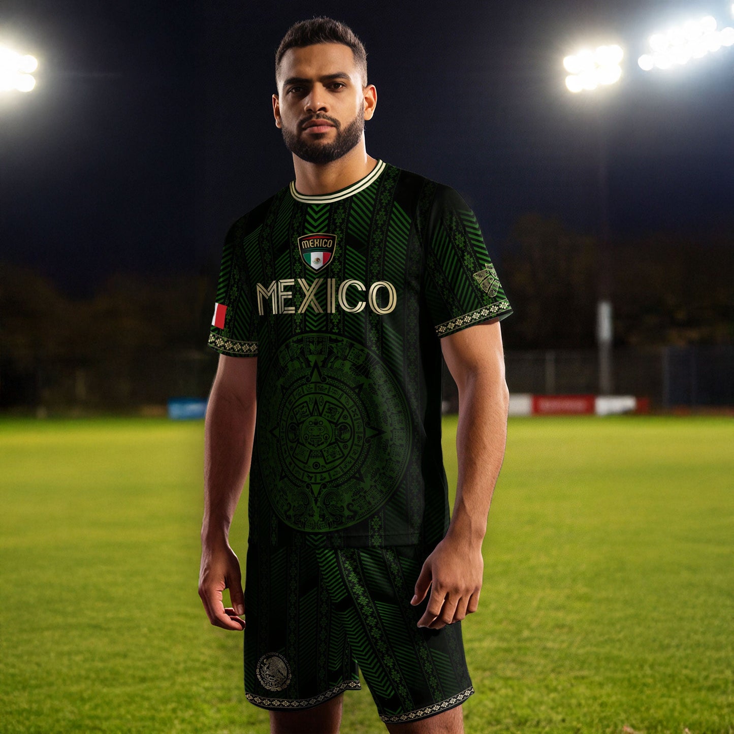 Mexico Green Soccer Jersey with Golden Aztec Calendar and Eagle Crest