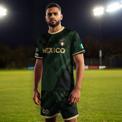 Custom Mexico Green Soccer Jersey with Golden Aztec Calendar Design