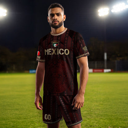 Custom Mexico Burgundy Soccer Jersey with Golden Aztec Calendar Design