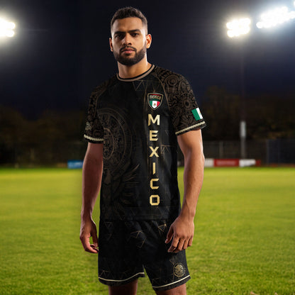 Mexico Soccer Jersey Black Gold Aztec Calendar & Eagle Emblem