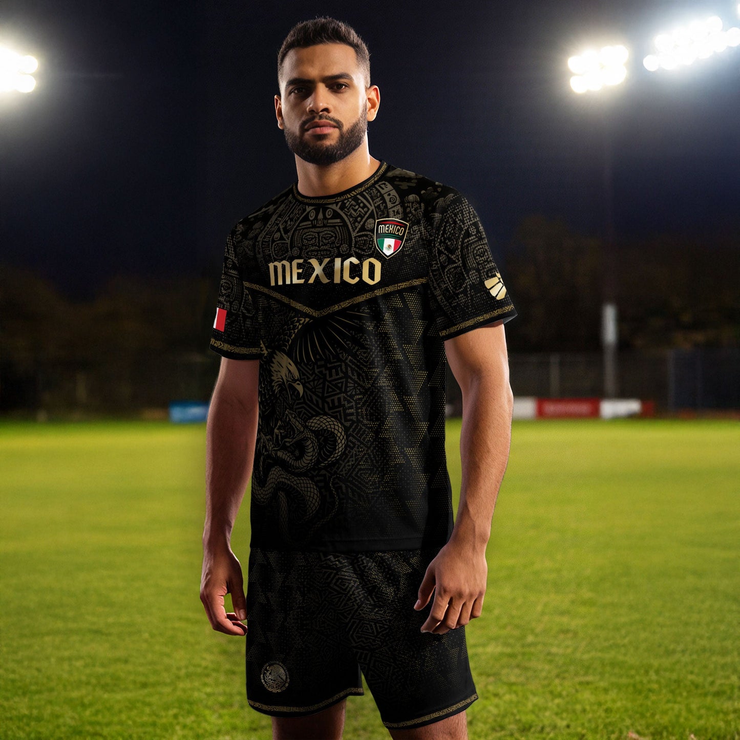 Mexico Soccer Jersey Black Gold Eagle & Snake Aztec Design